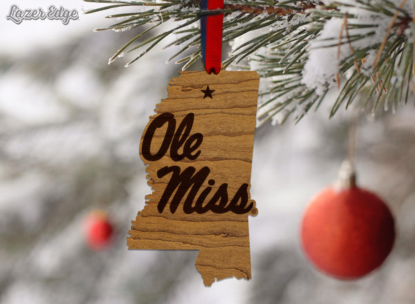 Ole Miss on Mississippi Ornament – Crafted from Cherry or Maple Wood