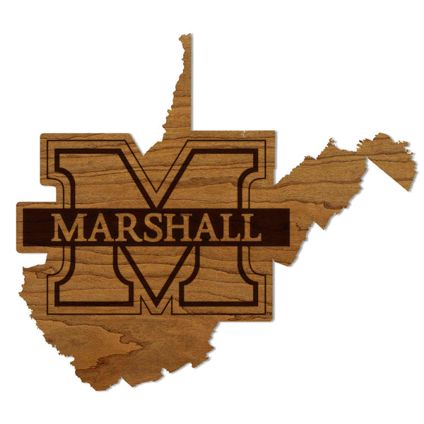 Marshall University Logo on State Wall Hanging - Crafted from Cherry or Maple Wood - Marshall Bisons