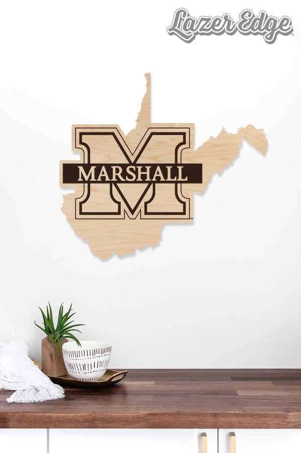 Marshall University Logo on State Wall Hanging - Crafted from Cherry or Maple Wood - Marshall Bisons
