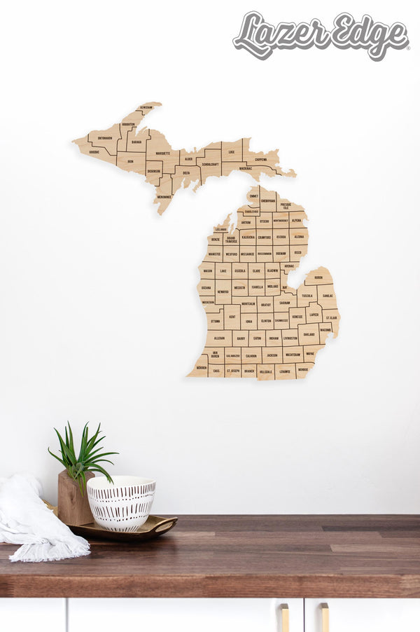 Michigan County Map Wall Hanging - Crafted from Cherry or Maple Wood