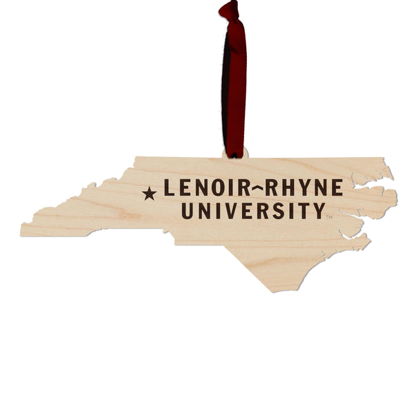 Lenoir-Rhyne University Wordmark on State Ornament – Crafted from Cherry and Maple Wood – Lenoir-Rhyne Bears