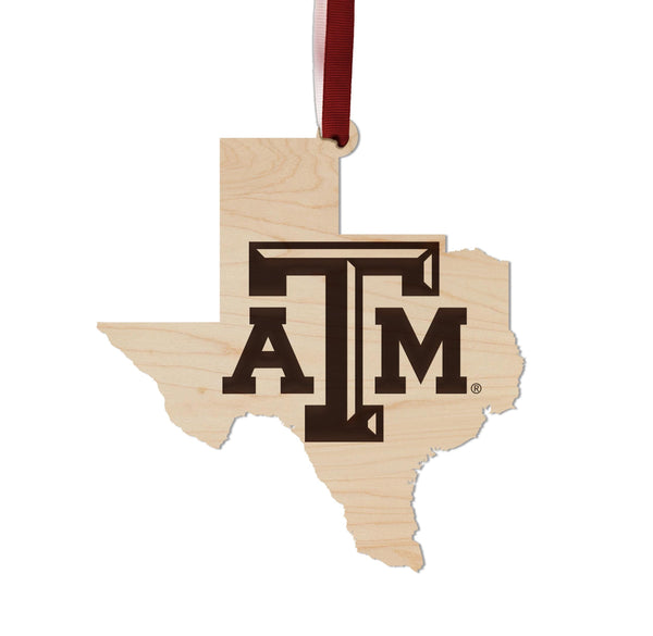 Texas A&M University TAM on State Ornament – Crafted from Cherry and Maple Wood – Texas A and M Aggies