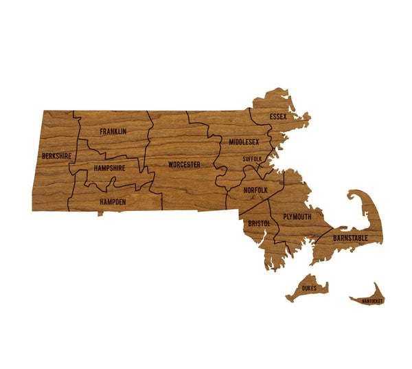 Massachusetts County Map Wall Hanging - Crafted from Cherry or Maple Wood