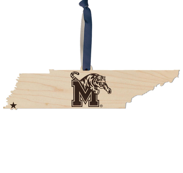 University of Memphis Block M on State Ornament – Crafted from Cherry and Maple Wood – Memphis Tigers