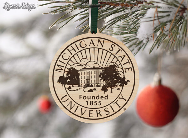 Michigan State University Seal Ornament – Crafted from Cherry and Maple Wood – Michigan State Spartans