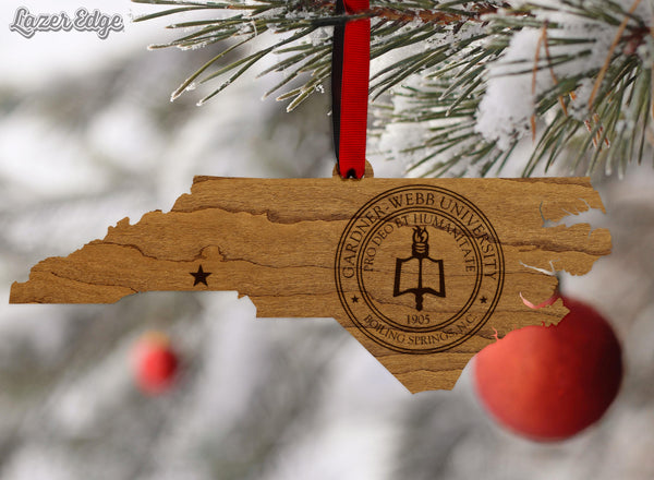 Gardner Webb University Seal on State Ornament – Crafted from Cherry Wood – Gardner Webb Bulldogs