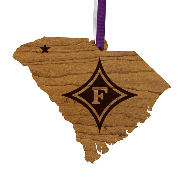 Furman University Diamond on State Ornament – Crafted from Cherry Wood or Maple Wood - Furman Paladins