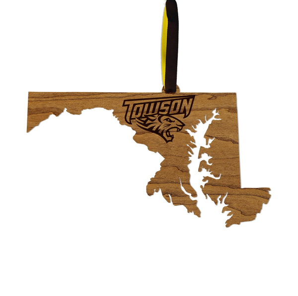 Towson University Tigers on State Ornament – Crafted from Cherry and Maple Wood – Towson Tigers