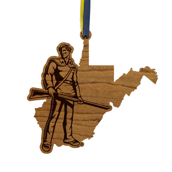 West Virginia University Mountaineer on State Ornament – Crafted from Cherry and Maple Wood – West Virginia Mountaineers