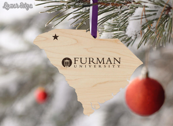 Furman University Wordmark on State Ornament – Crafted from Cherry Wood or Maple Wood - Furman Paladins