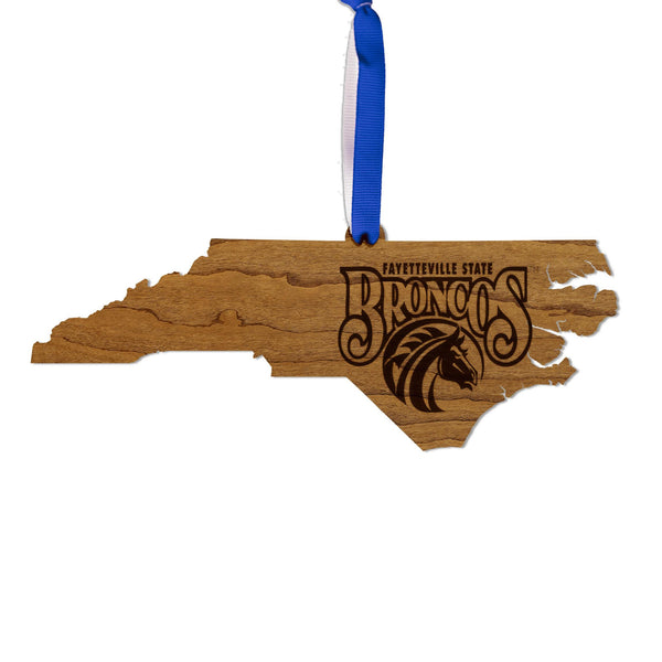 Fayetteville State University Broncos on State Ornament – Crafted from Cherry and Maple Wood – Fayetteville State Broncos