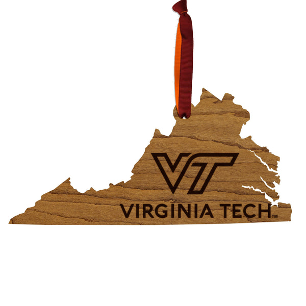 Virginia Tech Academic Mark on State Ornament – Crafted from Cherry and Maple Wood – Virginia Tech Hokies