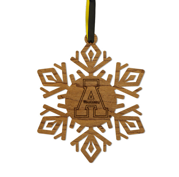 Appalachian State University App A Snowflake Ornament – Crafted from Cherry and Maple Wood – App State Mountaineers