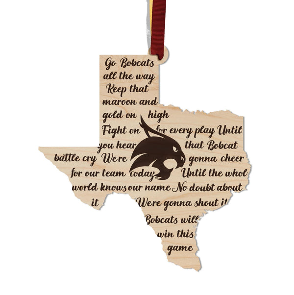Texas State University Fight Song Ornament – Crafted from Cherry and Maple Wood – Texas State Bobcats