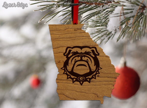 University of Georgia Bulldog on State Ornament - Crafted from Cherry or Maple Wood - Georgia Bulldogs