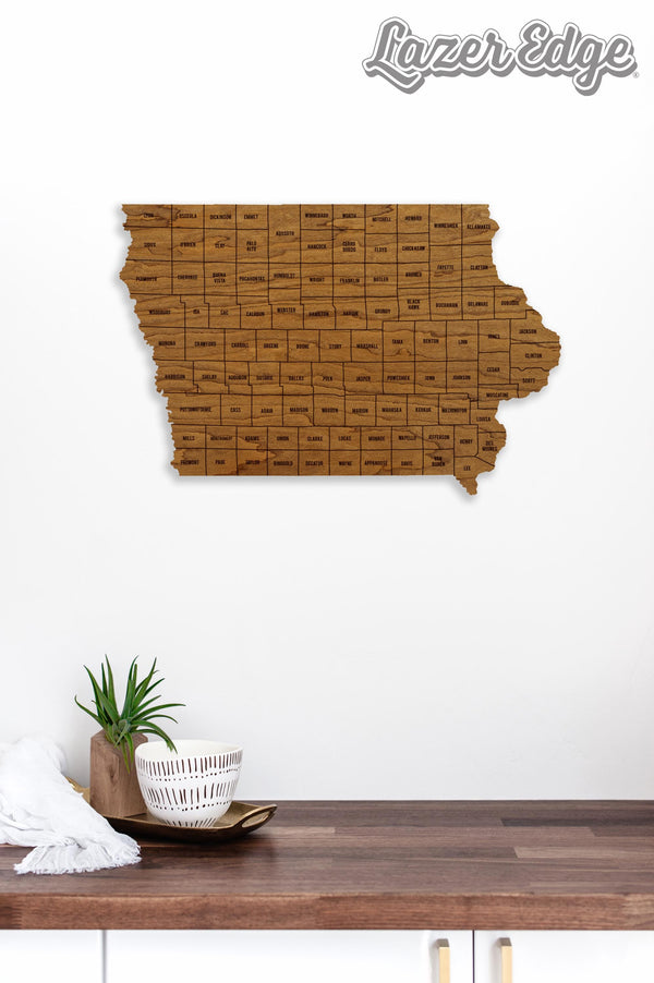 Iowa County Map Wall Hanging - Crafted from Cherry or Maple Wood