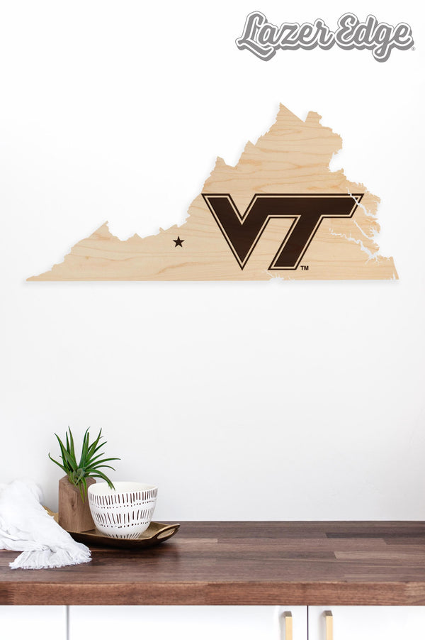 Virginia Tech VT on State Wall Hanging - Crafted from Cherry and Maple Wood - Virginia Tech Hokies