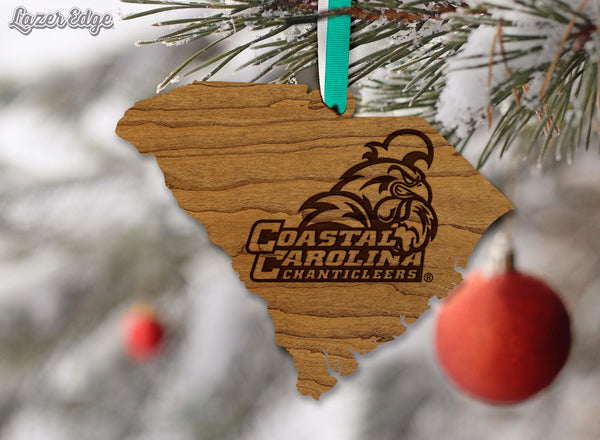 Coastal Carolina University Chanticleers on State Ornament – Crafted from Cherry and Maple Wood – Coastal Carolina Chanticleers