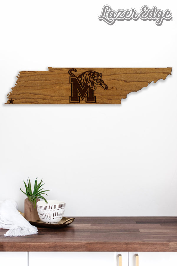 University of Memphis Tigers on State Wall Hanging - Crafted from Cherry and Maple Wood - Memphis Tigers