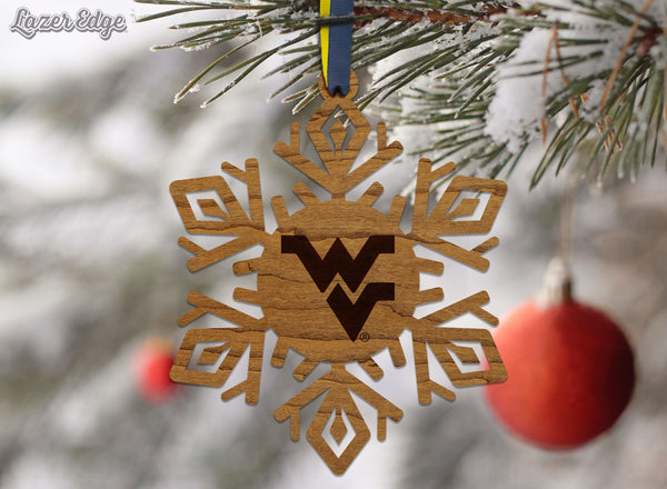 West Virginia University WV Snowflake Ornament – Crafted from Cherry and Maple Wood – West Virginia Mountaineers