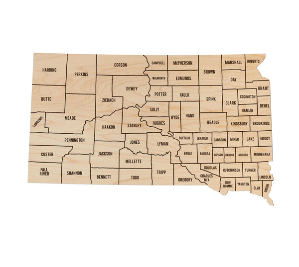 South Dakota County Map Wall Hanging - Crafted from Cherry or Maple Wood