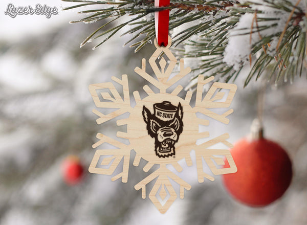 NC State University Snowflake Ornament – Crafted from Cherry or Maple Wood – North Carolina State Wolfpack