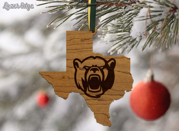 Baylor University Bear on State Ornament – Crafted from Cherry and Maple Wood – Baylor Bears