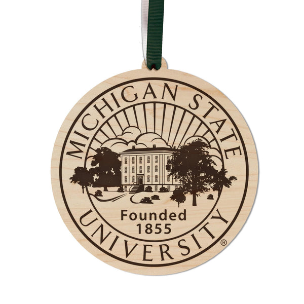 Michigan State University Seal Ornament – Crafted from Cherry and Maple Wood – Michigan State Spartans