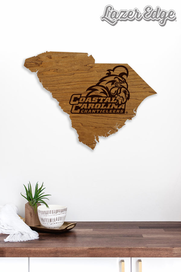 Coastal Carolina University Chanticleers on State Wall Hanging - Crafted from Cherry or Maple Wood - Coastal Carolina Chanticleers