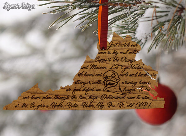 Virginia Tech Fight Song on State Ornament – Crafted from Cherry and Maple Wood – Virginia Tech Hokies