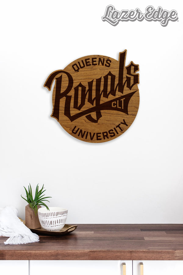 Queens University of Charlotte Royals Wordmark Wall Hanging - Crafted from Cherry and Maple Wood - Queens Royals