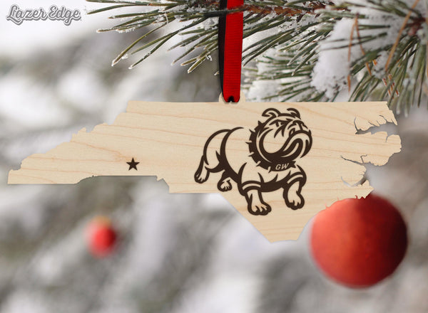 Gardner Webb University Bulldog on State Ornament – Crafted from Cherry Wood – Gardner Webb Bulldogs
