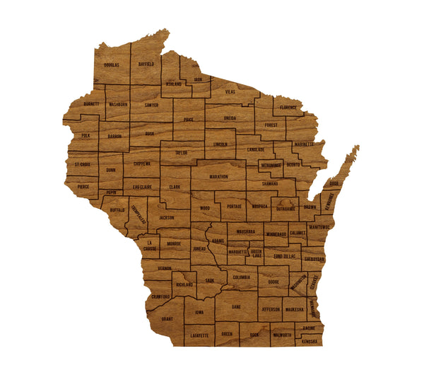 Wisconsin County Map Wall Hanging - Crafted from Cherry or Maple Wood