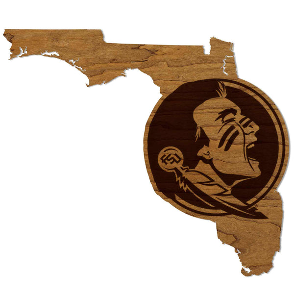 Florida State University Seminole Head on State Wall Hanging - Crafted from Cherry or Maple Wood - Florida State Seminoles