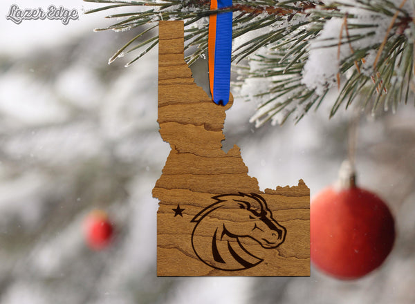 Boise State University Broncos on State Ornament – Crafted from Cherry and Maple Wood – Boise State Broncos