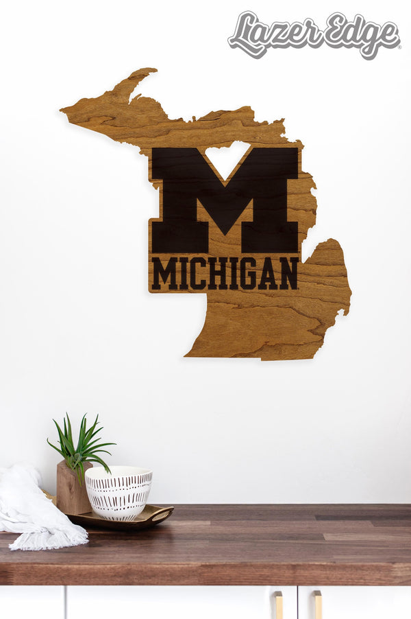 University of Michigan on State Wall Hanging - Crafted from Cherry or Maple Wood