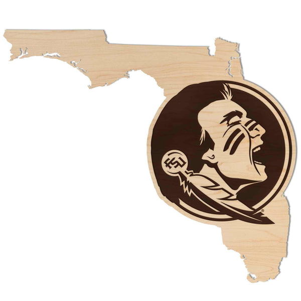 Florida State University Seminole Head on State Wall Hanging - Crafted from Cherry or Maple Wood - Florida State Seminoles