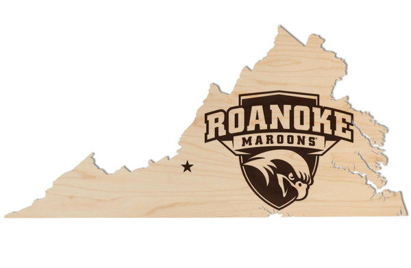Roanoke College Maroons on State Wall Hanging - Crafted from Cherry and Maple Wood - Roanoke Maroons