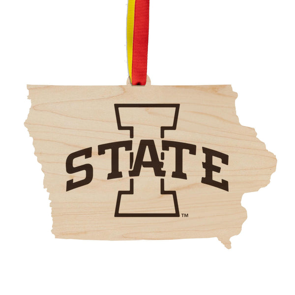 Iowa State University Logo on State Ornament – Crafted from Cherry and Maple Wood – Iowa State University