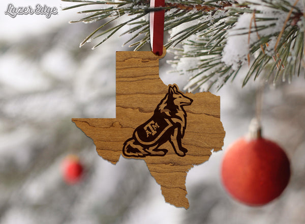Texas A&M University Reveille Dog on State Ornament – Crafted from Cherry and Maple Wood – Texas A and M Aggies