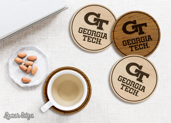 Georgia Tech Primary Mark and Wordmark Coaster – Crafted from Cherry or Maple Wood – Georgia Tech Yellow Jackets