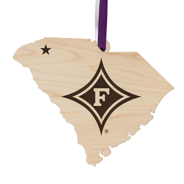 Furman University Diamond on State Ornament – Crafted from Cherry Wood or Maple Wood - Furman Paladins