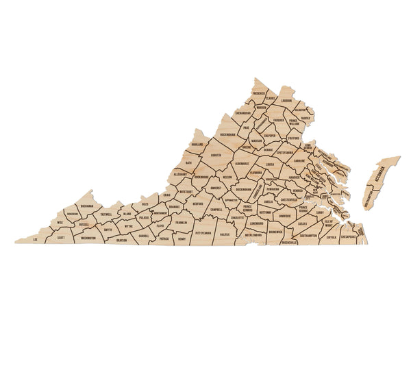 Virginia County Map Wall Hanging - Crafted from Cherry or Maple Wood