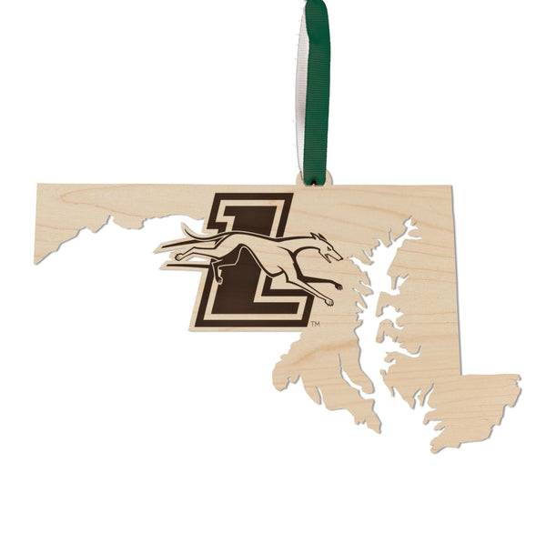 Loyola-Maryland Greyhounds on State Ornament – Crafted from Cherry or Maple Wood – Loyola Greyhounds