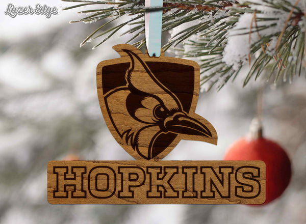 Johns Hopkins University Blue Jay Shield Ornament – Crafted from Cherry and Maple Wood – Johns Hopkins Blue Jays