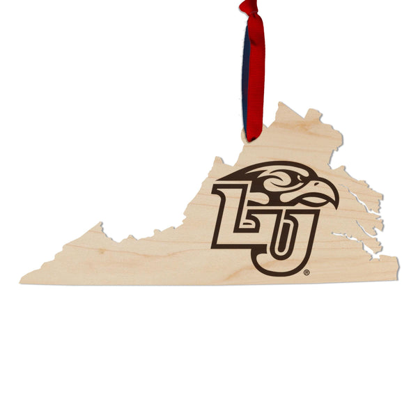 Liberty University Eagle on State Ornament – Crafted from Cherry and Maple Wood – Liberty Flames