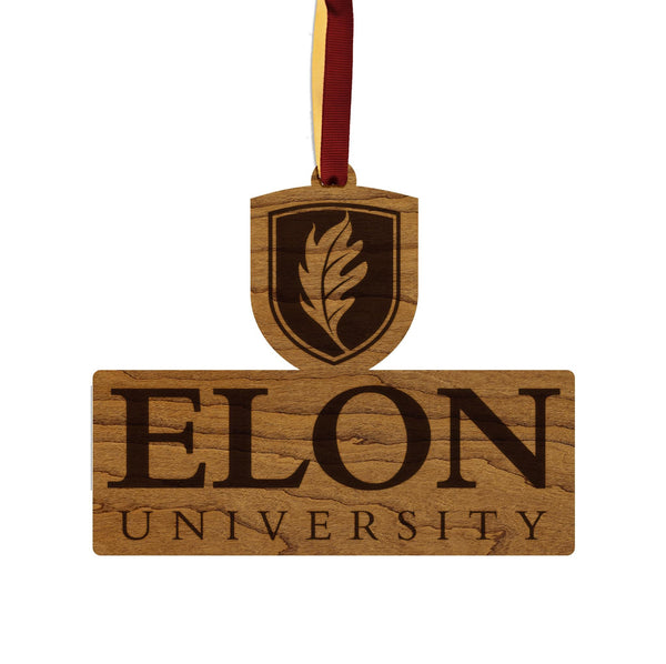Elon University Signature Mark Ornament – Crafted from Cherry and Maple Wood – Elon Pheonix