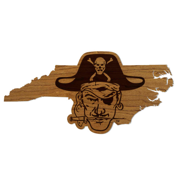 East Carolina University Pirate Head on State Wall Hanging - Crafted from Cherry or Maple Wood - ECU Pirates