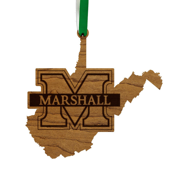 Marshall University Logo on State Ornament – Crafted from Cherry and Maple Wood – Marshall Bison