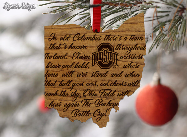 Ohio State University Battle Cry on State Ornament – Crafted from Cherry and Maple Wood – Ohio State Buckeyes